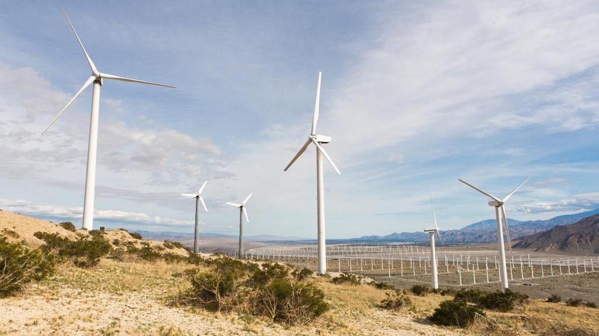 Climate scientists urgently recommend a 3-step plan for lessening the likelihood of climate-related disaster: using solar, wind and other renewables to go all-electric, drastically reducing methane and soot emissions and removing half of the carbon dioxide pollution accumulated in the air. Shown here are wind turbines in the desert near Palm Springs.