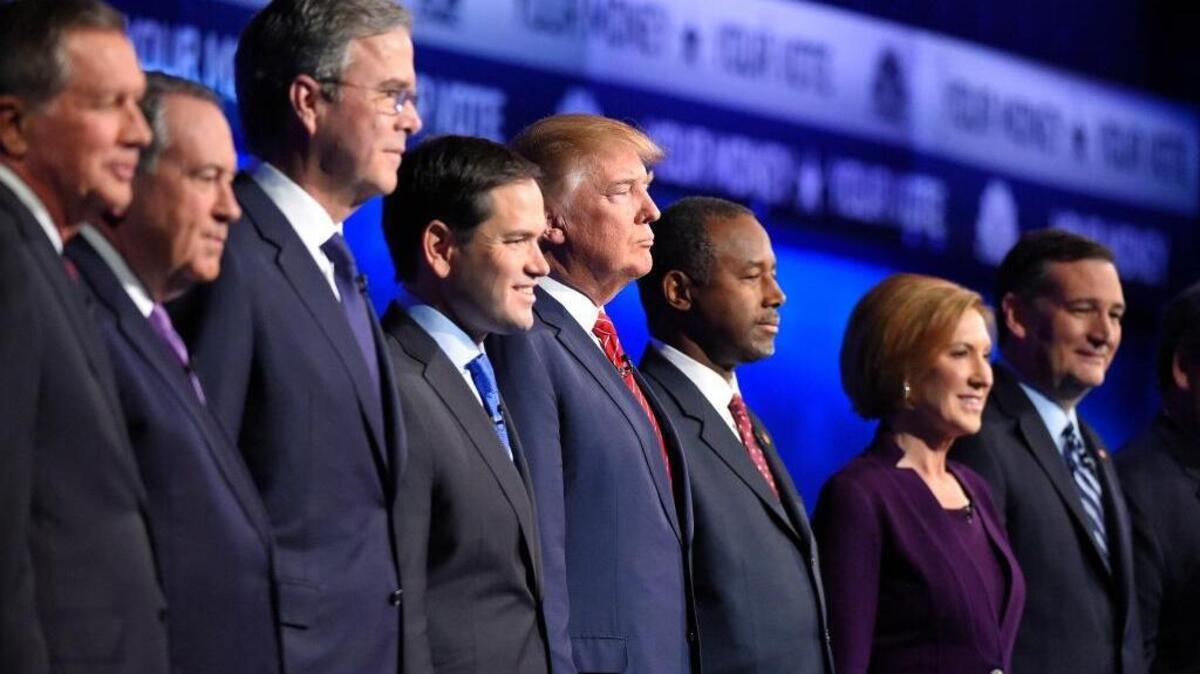 Republican presidential candidates take the stage during the CNBC debate at the University of Colorado on Oct. 28.