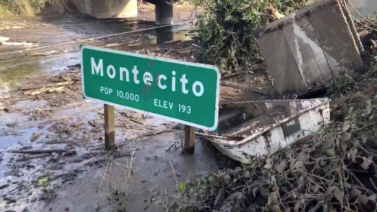 U.S. 101 freeway remains underwater on Monday, Jan. 15, 2018, as clean-up crews work to clear the roads throughout Montecito following the deadly mudflow and flooding Jan. 9. (Mike Eliason/Santa Barbara County Fire Department via AP)