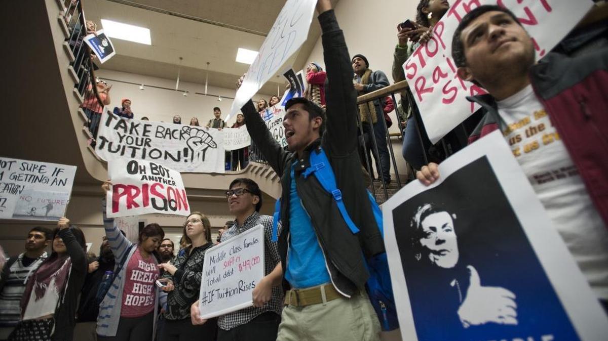 UC Davis students occupy Mrak Hall in 2014 protesting a proposed fee increase. Every year, the state’s inability to better fund the University of California and Cal State systems results in a political fight.