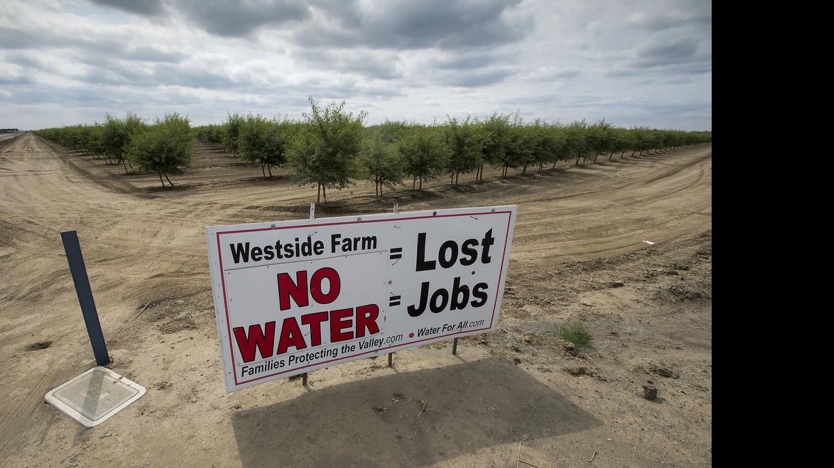 
Signs like this one dot the landscape around farms near Huron in Fresno County.
