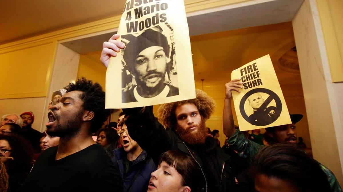 Demonstrators protest the police shooting of Mario Woods on Dec. 9, 2015, in San Francisco. A May 24, 2018, decision not to charge officers involved in that and another fatal police shooting prompted activists to shout down a recent panel discussion in the city on excessive force legislation. (AP Photo/Marcio Jose Sanchez, File)