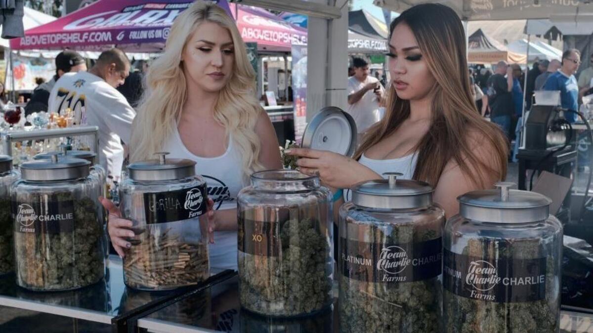 In this file photo, vendors set up jars with this season's harvest of marijuana for sale at the High Times Harvest Cup in San Bernardino.