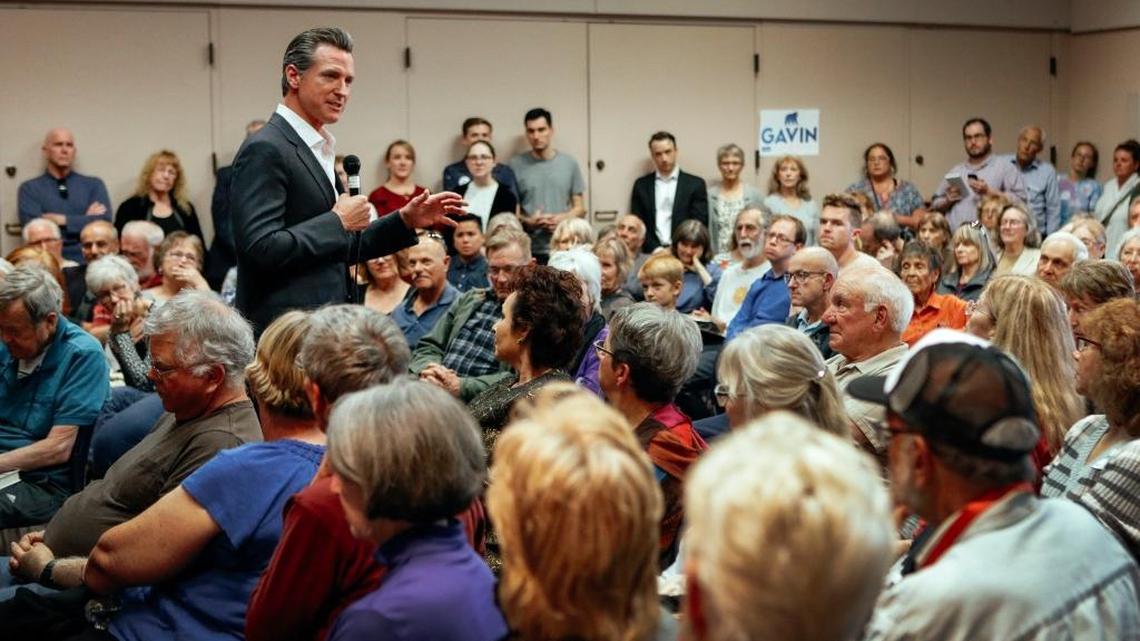 California gubernatorial candidate Gavin Newsom speaks with residents during a packed meet and greet in the San Luis Obispo, Calif., Wednesday, April 25, 2018. (Joe Johnston/The Tribune (of San Luis Obispo) via AP)