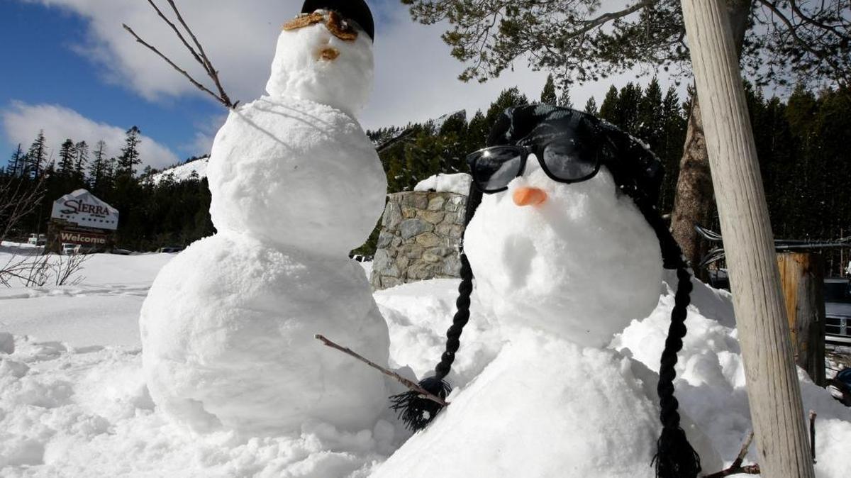 A pair of snow figures sit near the site where the California Department of Water Resources conducts the snow survey at Phillips Station near Echo Summit, Calif., Wednesday, Dec. 30, 2015. The state’s reservoirs are in good shape at the moment, but broader trends have sparked fears of another drought. (AP Photo/Rich Pedroncelli)