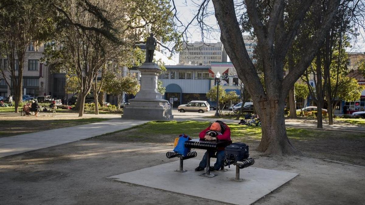 Sacramento homeless congregate in Cesar Chavez Plaza across the street from City Hall.