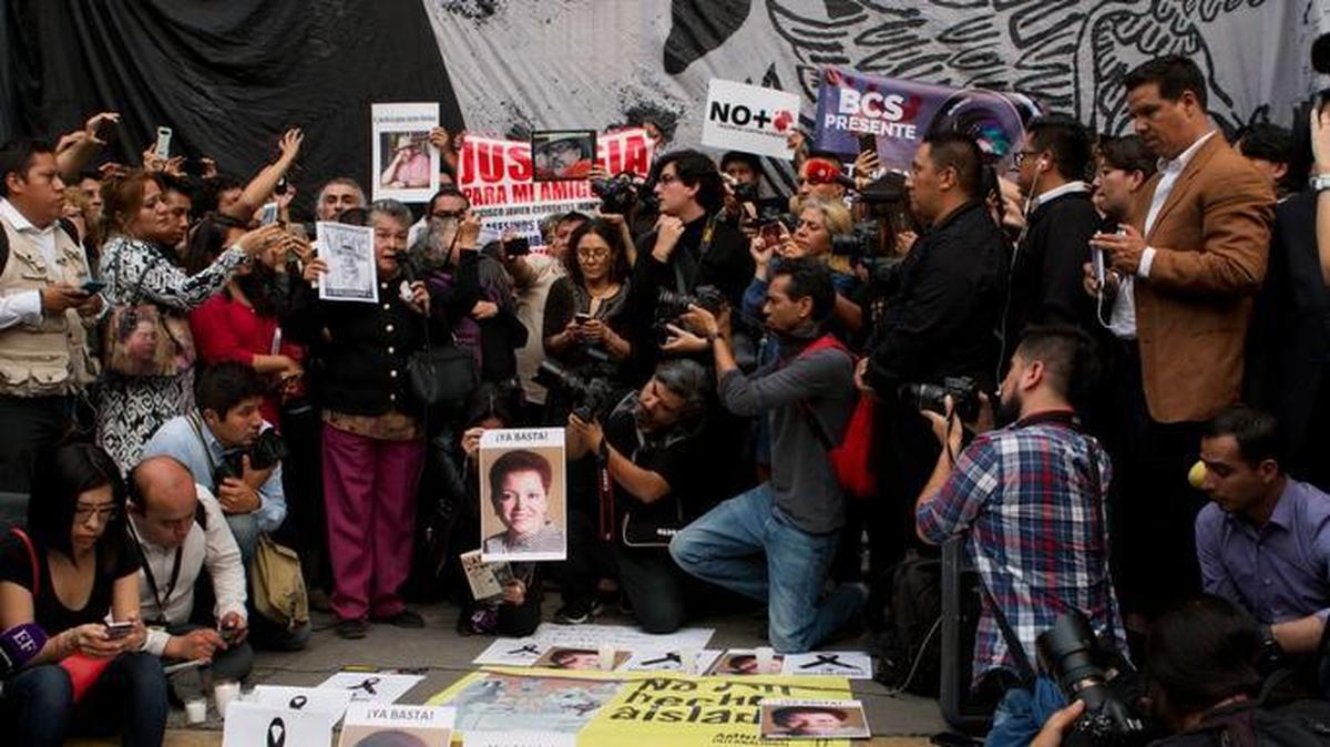 Reporters in Mexico City document and demonstrate against the killing of journalists after the killing in May of Mexican journalist Javier Valdez. The murder has been broadly condemned by foreign governments, the international press and human rights organizations, and has forced President Enrique Pena Nieto to promise better.