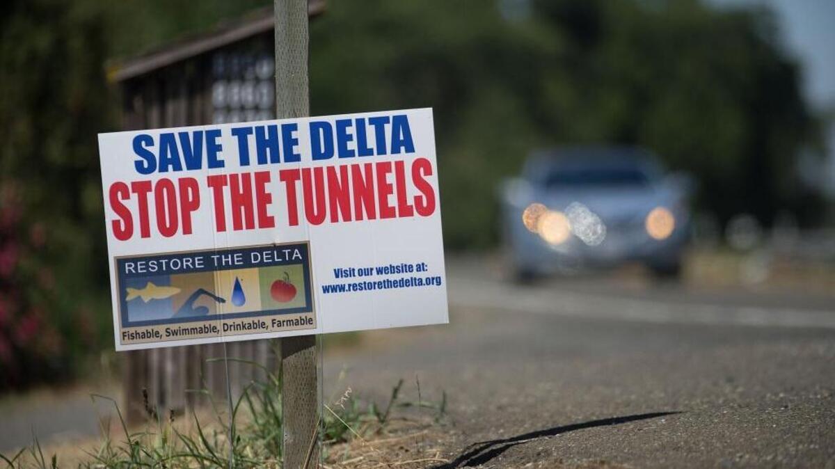 A sign along highway 160 in the Delta in 2013 reflects controversy over the twin tunnels that hasn’t changed.
