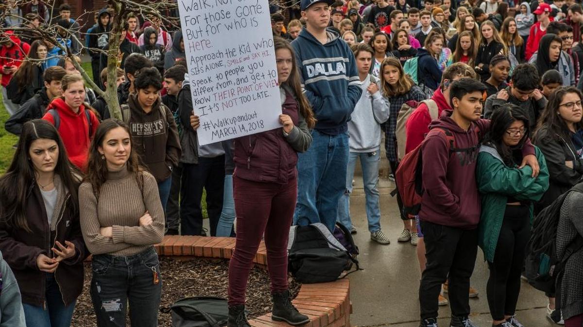 Bella Vista High School students in Fair Oaks, Calif., march for tolerance and gun control as part of National School Walkout Day on Wed., March 14, 2018.