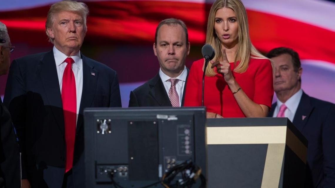 Then-Republican presidential candidate Donald Trump on stage with Rick Gates, center, and Ivanka Trump in July 21, 2016, during a walk-through at the Republican National Convention in Cleveland. At back right is then-Trump campaign chairman Paul Manafort, who was indicted with Gates last week. (AP Photo/Evan Vucci)