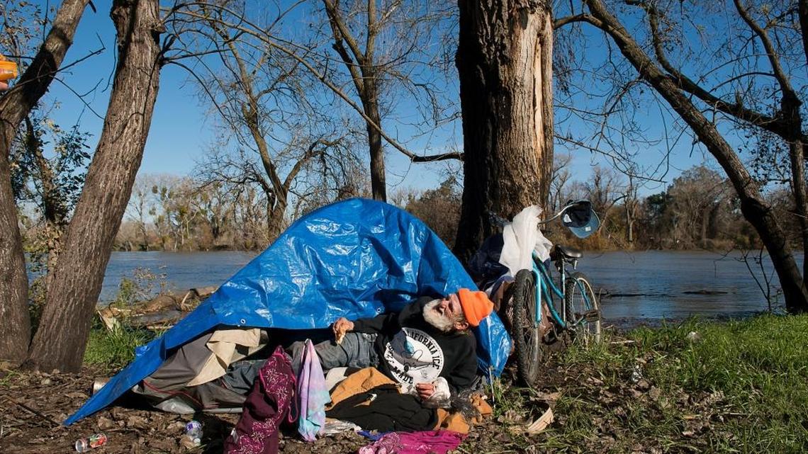 Danny Rasmussen, 69, has lived along the American River for 15 years and was flooded out of his campsite in December.