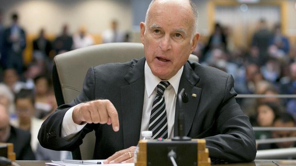 Gov. Jerry Brown responds to a question while testifying in support of bills to extend state's cap and trade program, during a hearing of the Senate Environmental Quality committee, Thursday, July 13, 2017.