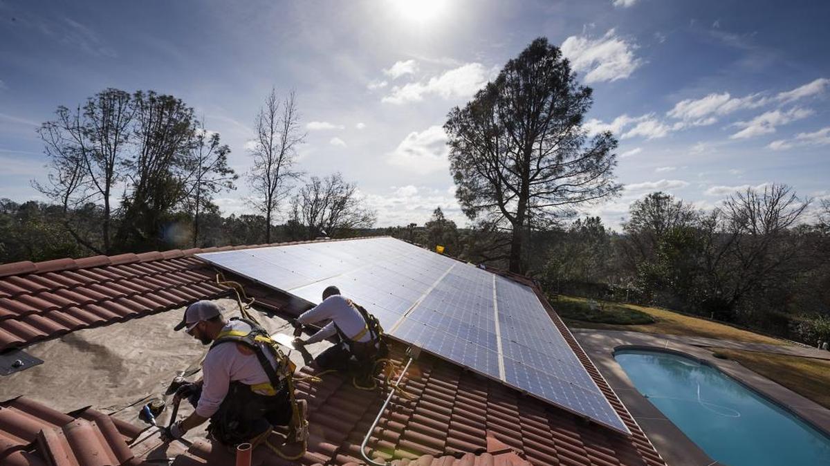 Brackets for rooftop solar are installed on a roof in Loomis. Beginning in 2020, new California homes will be built with solar panels.