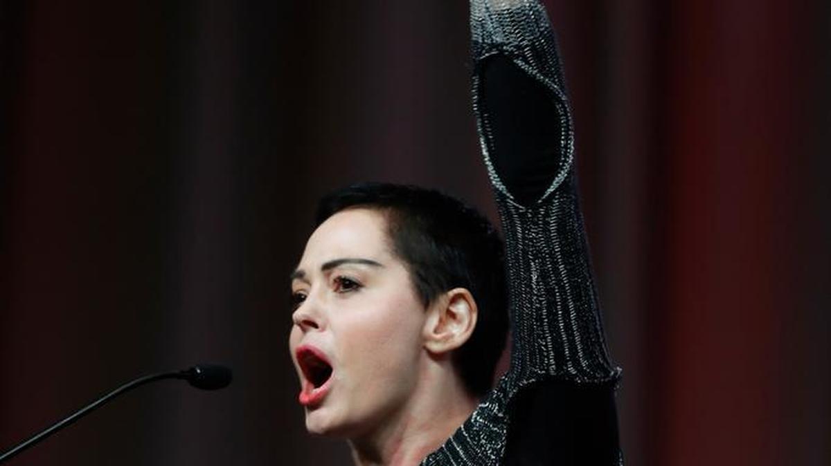 Actress Rose McGowan speaks at the inaugural Women’s Convention in Detroit on Oct. 27. McGowan recently went public with her allegation that film company co-founder Harvey Weinstein raped her.