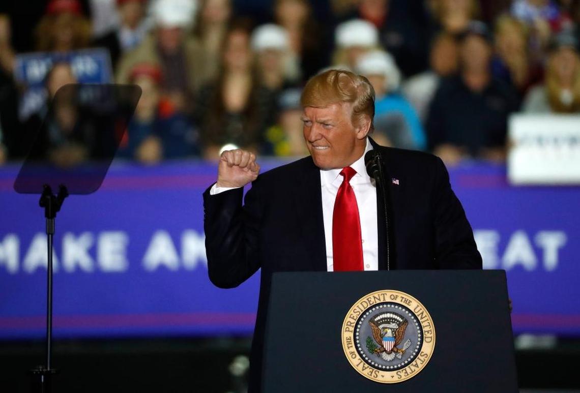 U.S. President Donald Trump speaks during a campaign rally in Washington Township, Mich., Saturday, April 28, 2018.