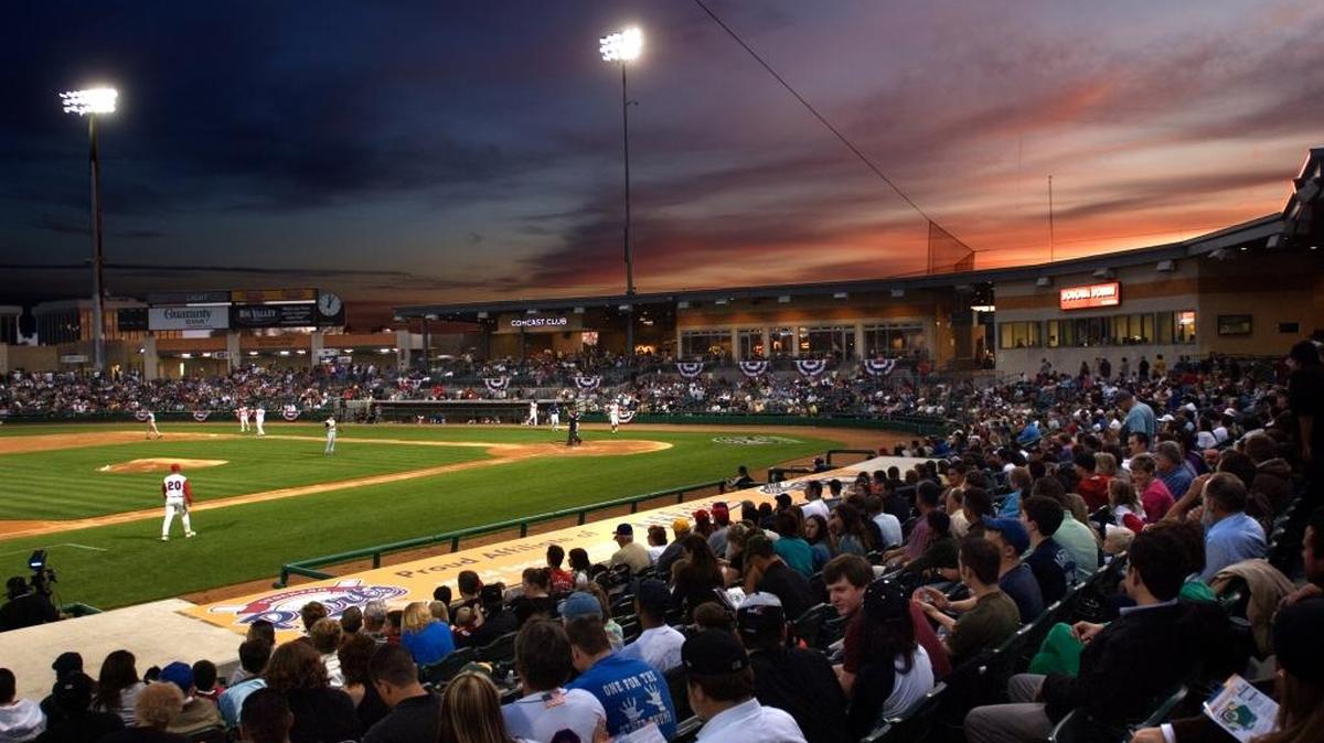 The sun sets behind the Stockton ballpark as the Ports take on the San Jose Giants.