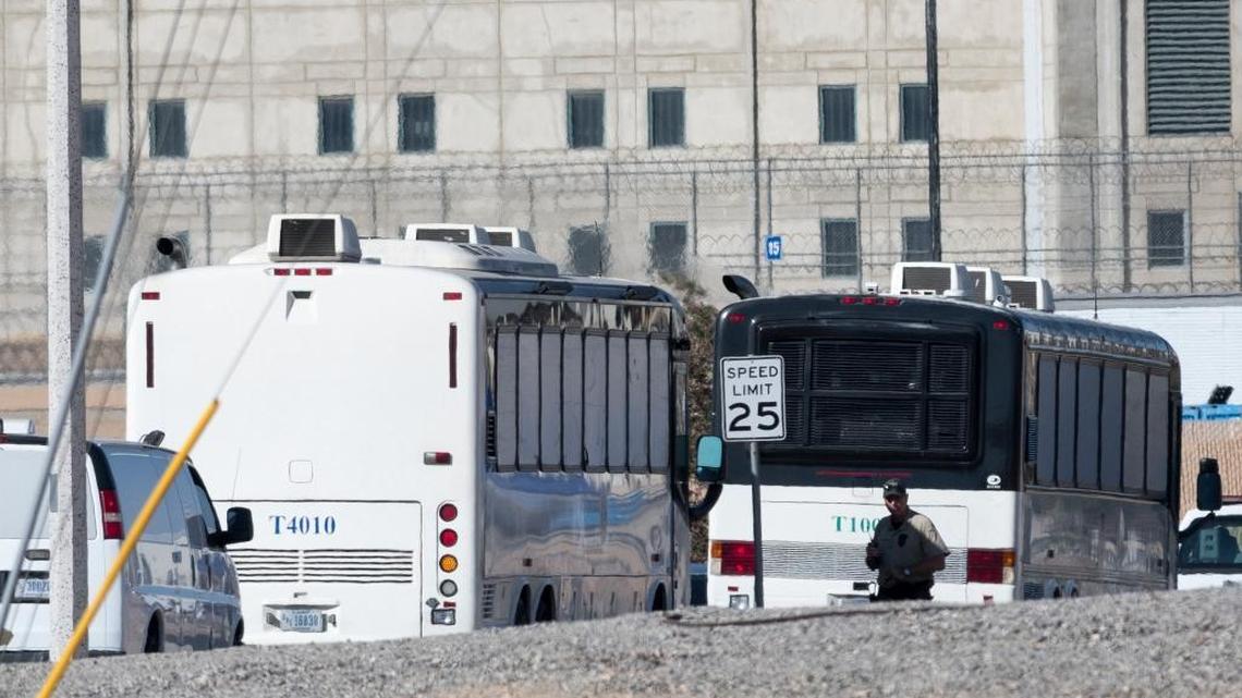 Homeland Security buses enter the Federal Correctional facility in Victorville, Calif., on Friday, June 8, 2018. More than 1,000 people arrested at the U.S.-Mexico border, including parents who have been separated from their children, are being transferred to federal prisons, U.S. immigration authorities have confirmed. They said they're running out of room at their own facilities amid President Donald Trump's crackdown on illegal immigration. (James Quigg/The Daily Press via AP)
