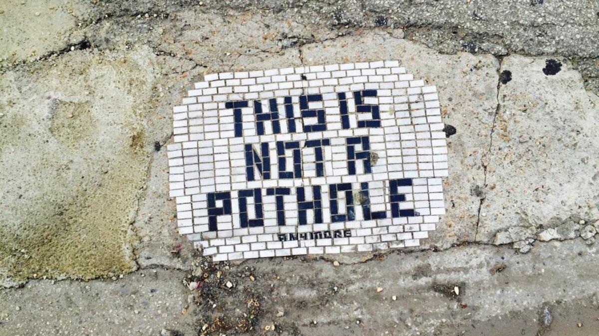 Chicago artist Jim Bachor fills potholes with tile mosaics as an act of “tactical urbanism.” It’s technically illegal but his pieces are wildly popular.