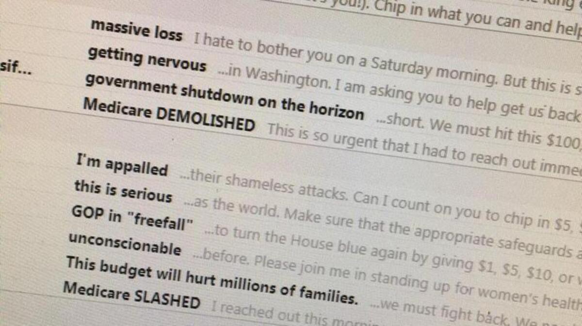 A small sampler of political emails, aimed, in this case, at rallying opponents of President Donald Trump.