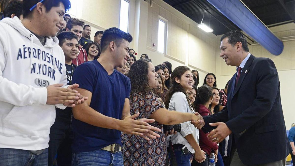 California Secretary of State Alex Padilla meets students at Parlier High School in the Central Valley during High School Voter Education Week.