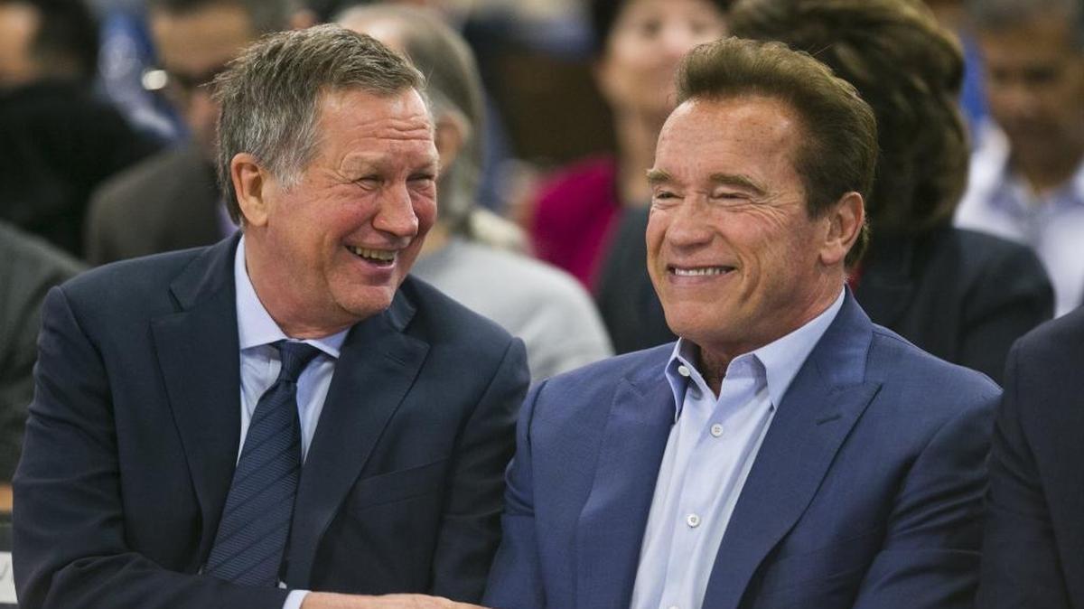 Former California Gov. Arnold Schwarzenegger, right, and Republican centrist Ohio Gov. John Kasich attend the first New Way California Summit, a political committee eager to reshape the state GOP, at the Hollenbeck Youth Center in Los Angeles on March 21. The prominent Republicans envision a future for the GOP far removed from President Donald Trump’s Twitter blasts, where inclusiveness, a kinder tone and a willingness to work with Democrats on immigration and climate change shape the agenda.