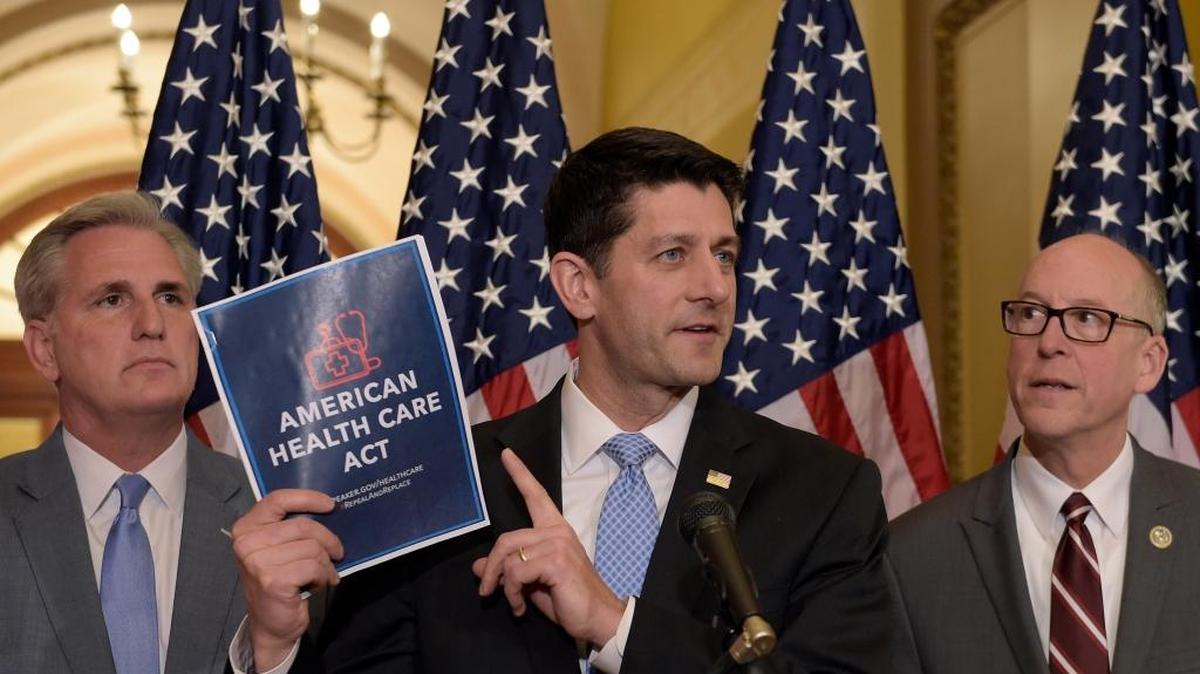 House Speaker Paul Ryan of Wis., center, and House Majority Whip Kevin McCarthy, R-Bakersfield, left, and Energy and Commerce Committee Chairman Greg Walden, R-Ore., discuss the American Health Care Act on Tuesday.