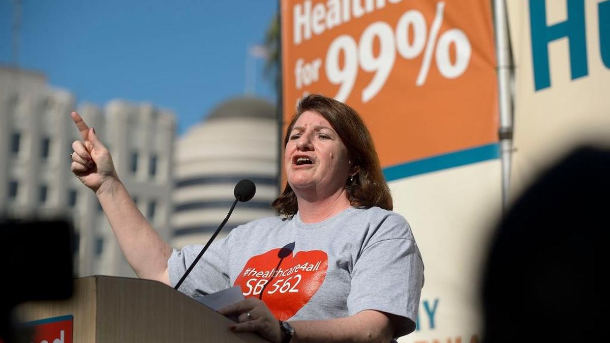 Sen. Toni Atkins, D-San Diego, speaks in May at a rally supporting Senate Bill 562, which would have created a universal single-payer health care system in California.