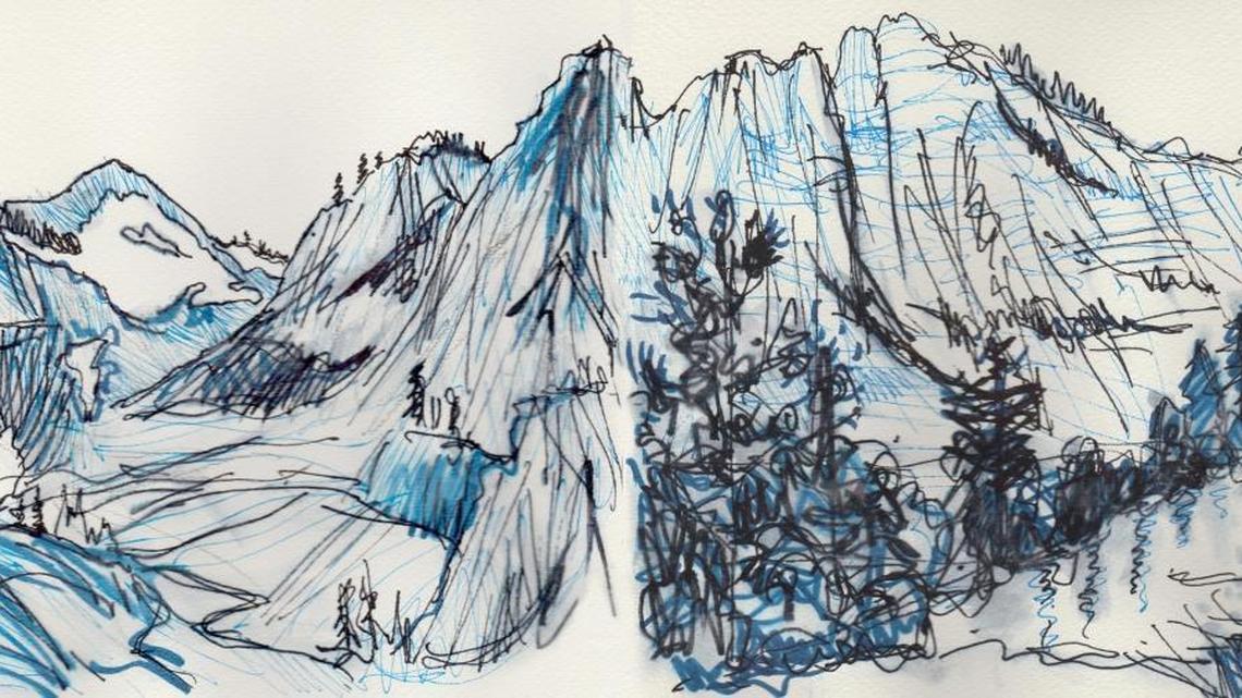 The peaks overlooking the Squaw Valley writers’ workshop. Pen on paper.