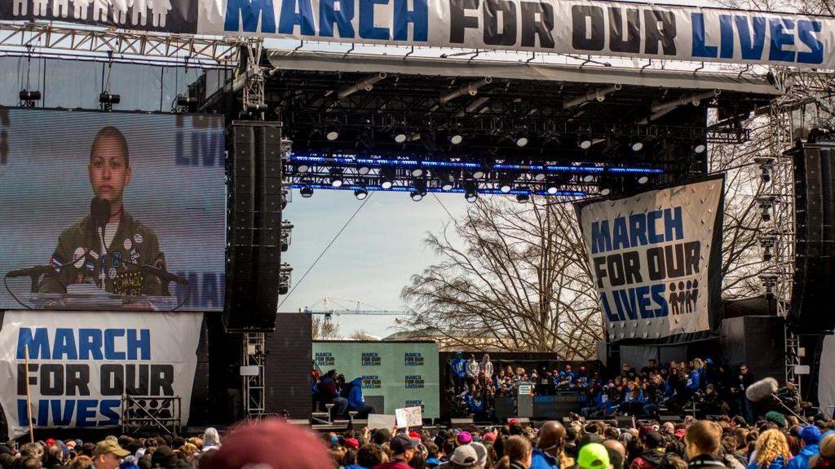 Emma Gonzalez, a survivor of the Marjory Stoneman Douglas High School shooting in Parkland, Fla., during a moment of silence that lasted 6 minutes at the March for Our Lives rally in Washington, D.C., March 24, 2018. (Johnny Milano/The New York Times)