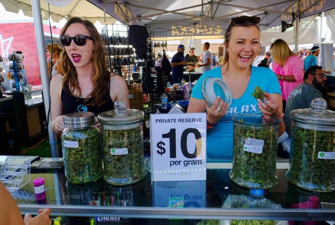 Vendors offer marijuana for sale at the High Times Cannabis Cup in San Bernardino.