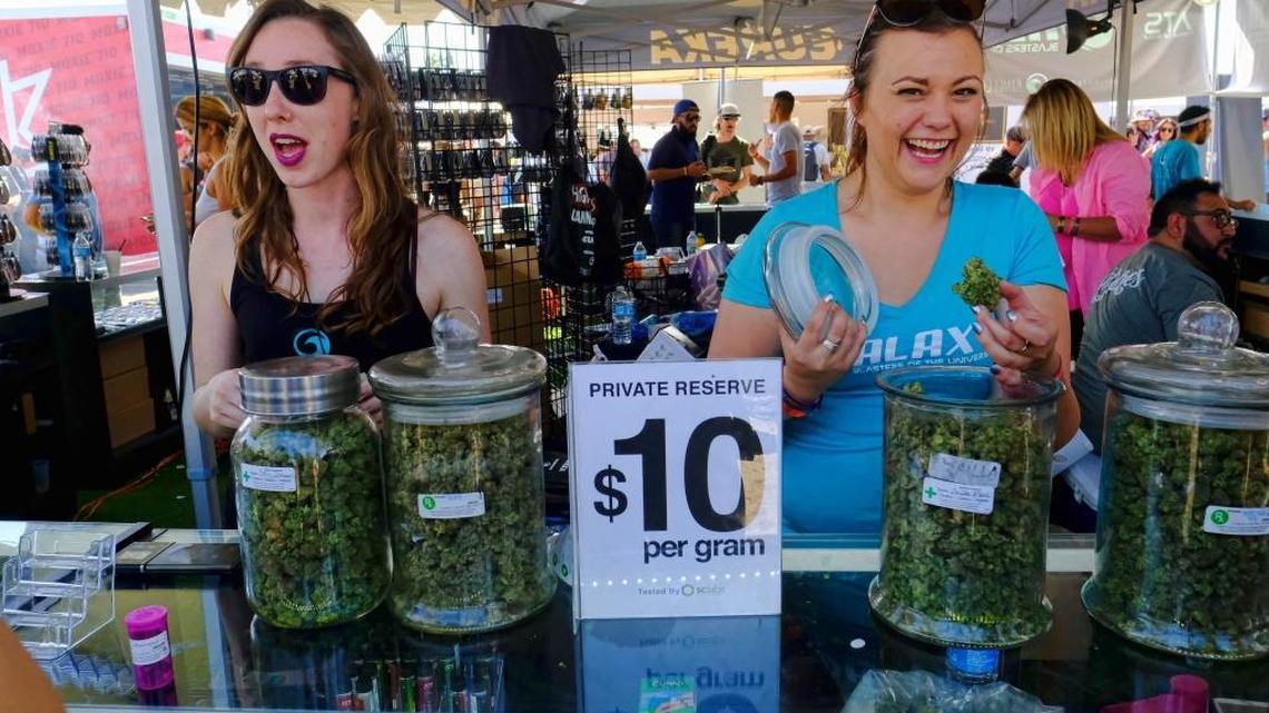 Vendors offer marijuana for sale at the High Times Cannabis Cup in San Bernardino in April. As Californians prepare for the legalization of recreational weed in 2018, public health experts warn it’s more potent than pot used to be. (AP Photo/Richard Vogel, File)