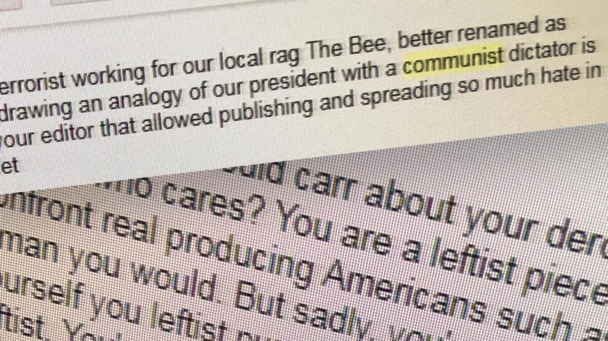A sampler of the less printable mail received by the author from Sacramento Bee readers who take issue with his political views.