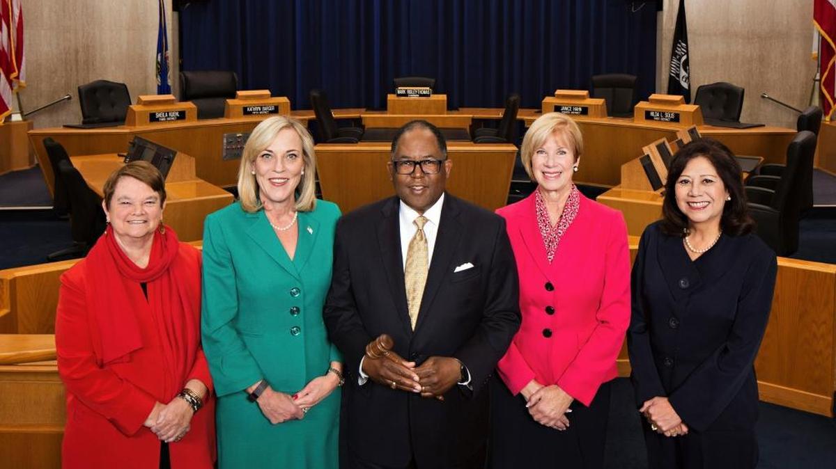 Los Angeles County Board of Supervisors, August 2017: From left, Sheila Kuehl, Kathryn Barger, Mark Ridley-Thomas, Janice Hahn and Hilda L. Solis.