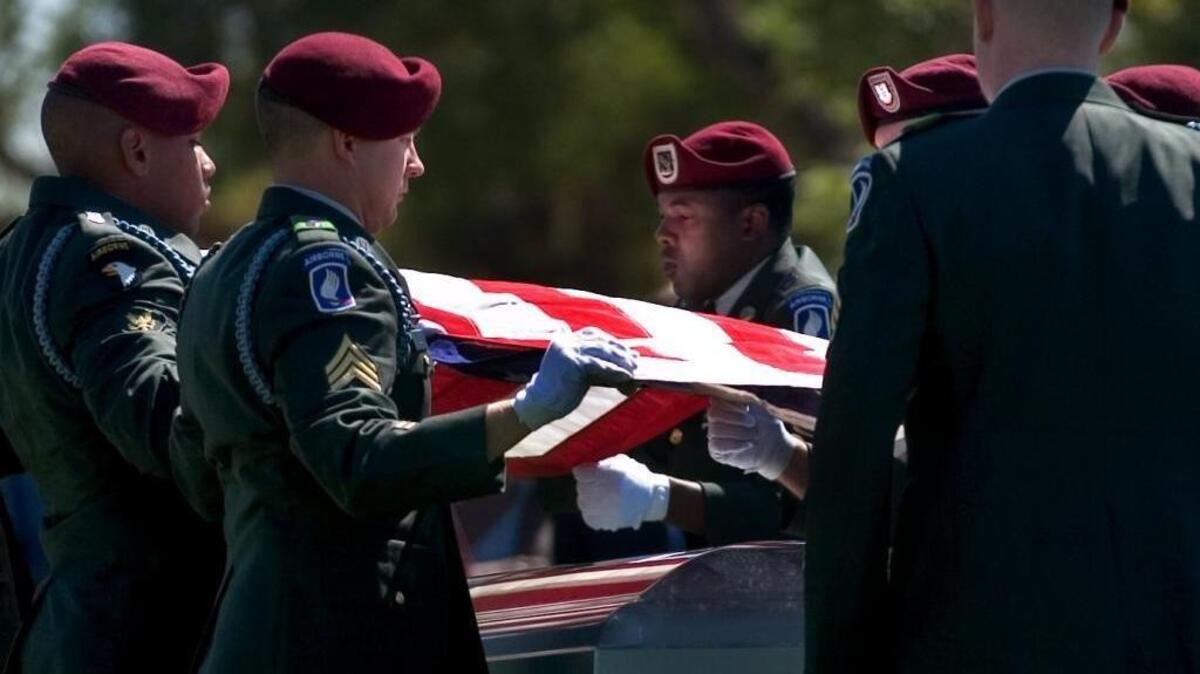 PFC Chris Palmer’s unit in the 173rd Infantry fold the flag over his casket at his 2005 burial at St Mary’s Catholic Cemetery in Sacramento. Palmer was killed in Afghanistan. Military experts believe President Donald Trump’s Afghanistan proposal will ramp up American casualties. Sacramento Bee/ Lezlie Sterling