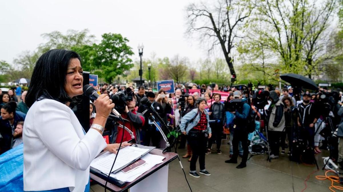 Rep. Pramila Jayapal, D-Wash, speaks at an anti-Muslim ban rally outside the U.S. Supreme Court, Wednesday, April 25, 2018, in Washington. The high court took the novel step of releasing audiotape of the hearing on President Donald Trump’s travel ban.
