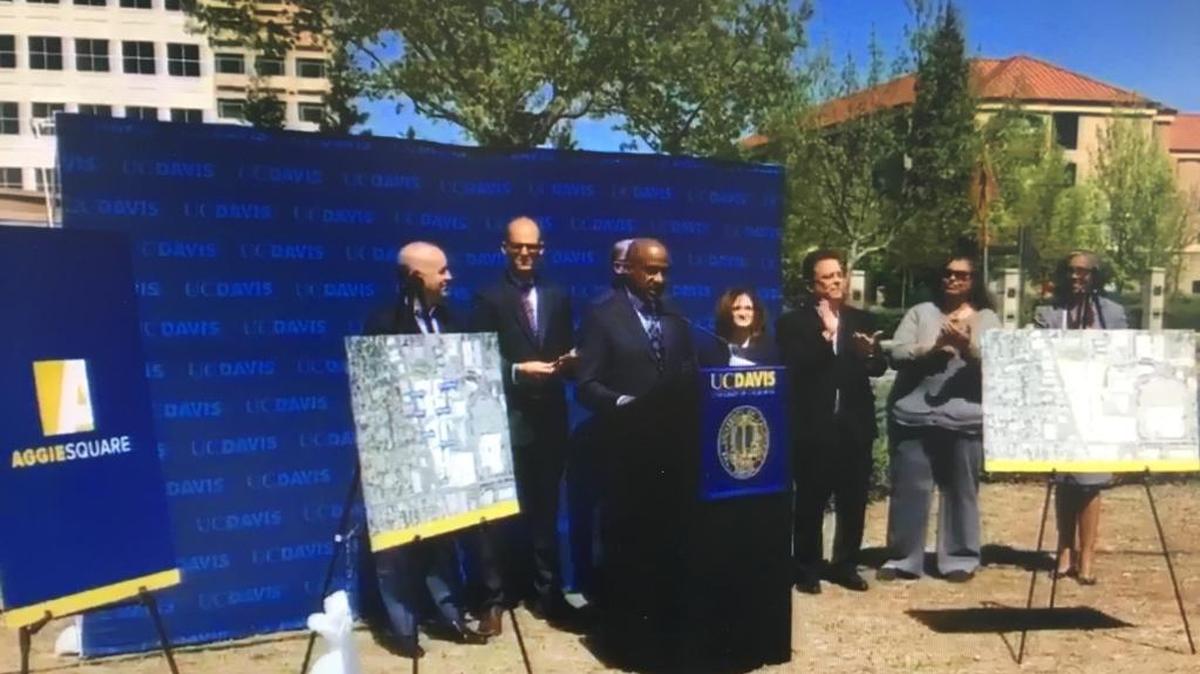 UC Davis Chancellor Gary S. May and Mayor Darrell Steinberg announce the hospital campus in Oak Park as the site for a new tech and innovation hub to be called Aggie Square.