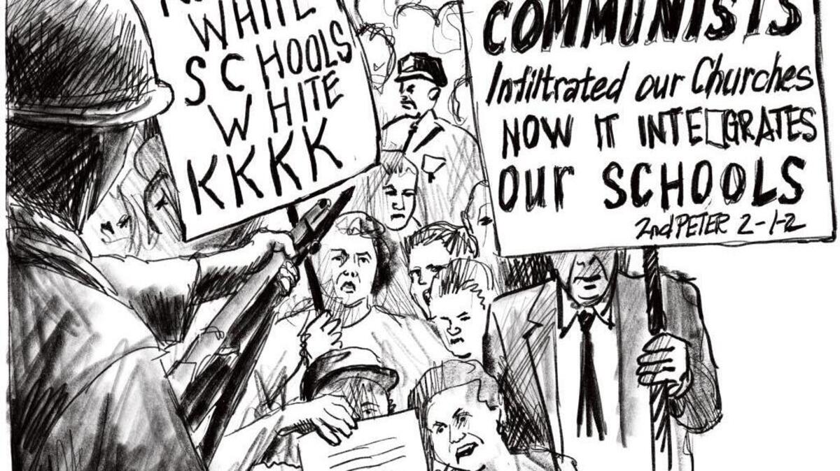 Carl Bradley’s National Guard unit stood on the perimeter of the crowd at Little Rock’s Central High School as white segregationists screamed and waved signs.