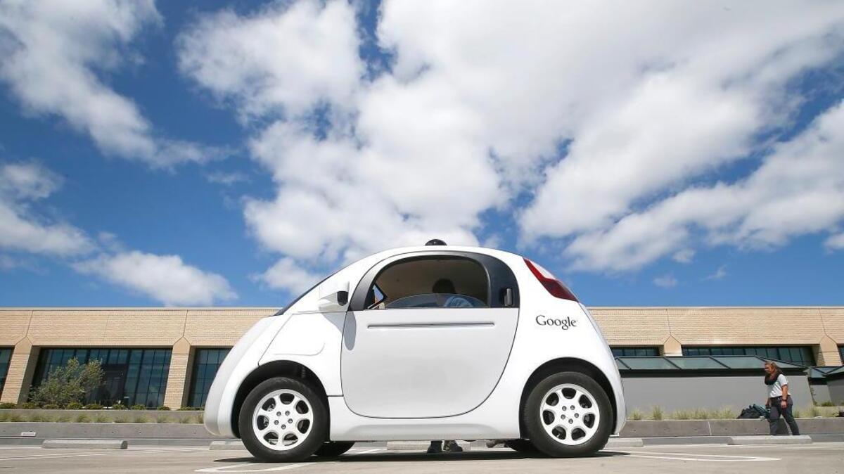 Google's new self-driving prototype car is introduced at the Google campus in Mountain View in 2015.