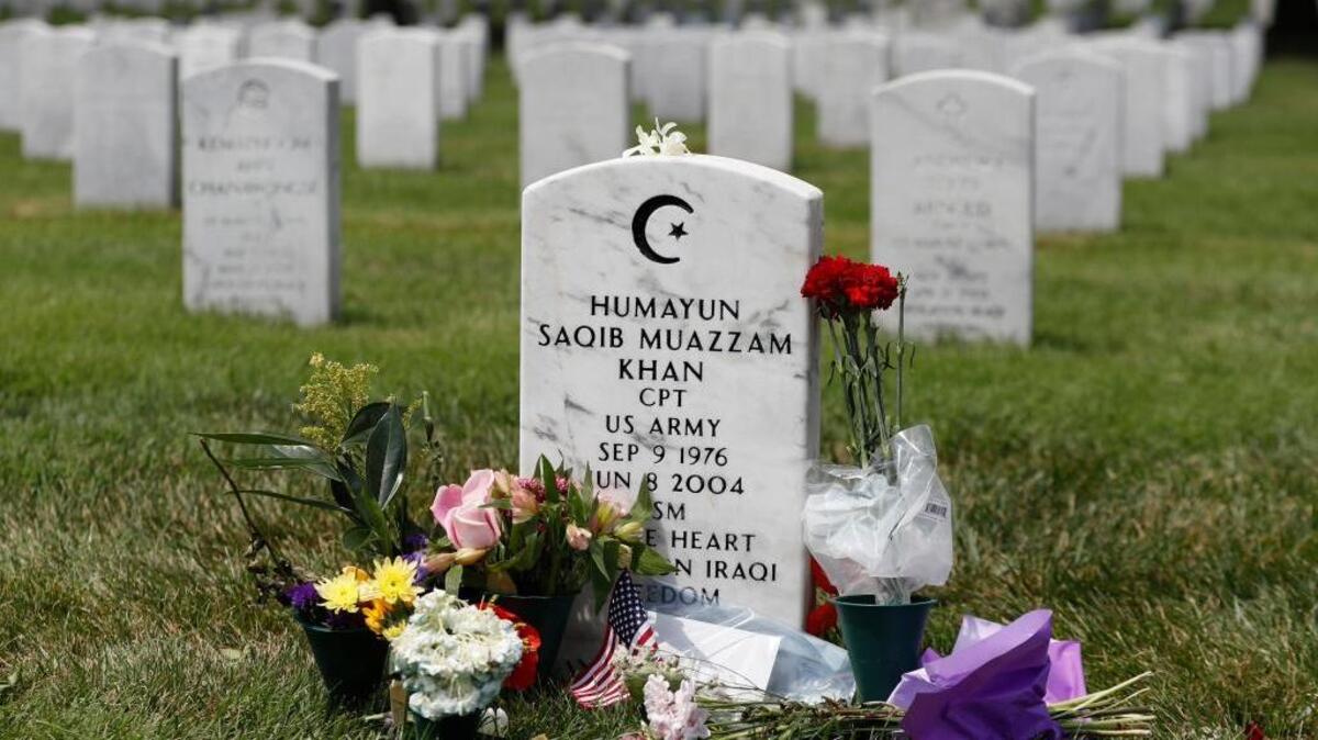 Donald Trump has been widely criticized for disparaging the bereaved parents of U.S. Army Capt. Humayun Khan, a Muslim who was awarded a Bronze Star after he was killed in 2004 in Iraq. Here, Khan’s tombstone in Section 60 at Arlington National Cemetery in Arlington, Va.