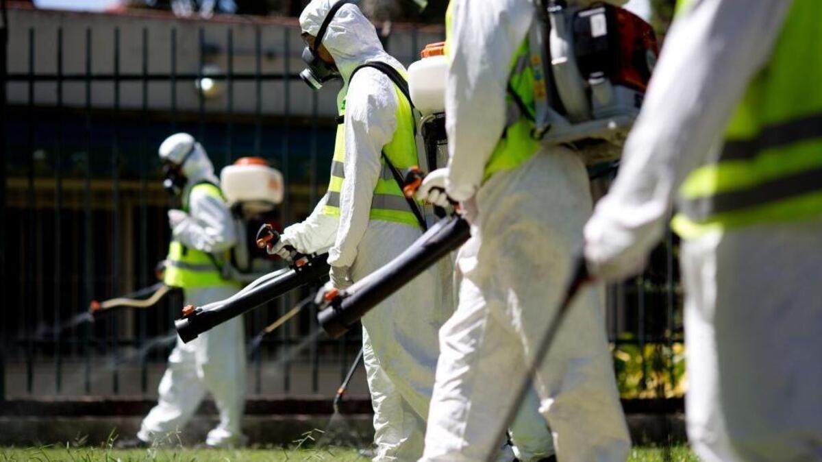 A fumigation brigade sprays an area of Chacabuco Park in Buenos Aires, Argentina, in an attempt to control Aedes mosquitoes. The Zika virus is spread by that type of mosquito.