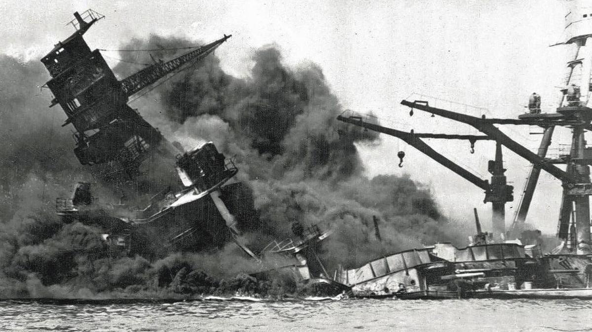 Smoke billows from the USS Arizona after a Japanese attack on Pearl Harbor in this photo from Dec. 7, 1941. The attack triggered the U.S. entry into World War II.