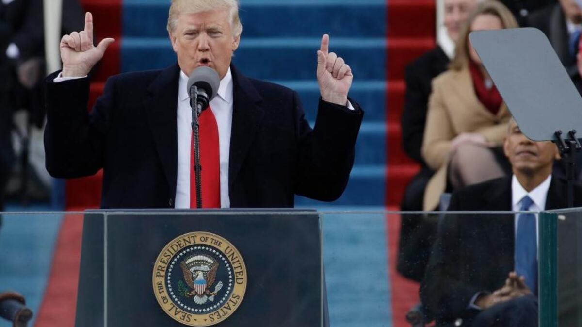 President Donald Trump delivers his inaugural address after being sworn in as the 45th president on Friday.