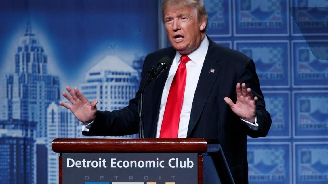 Republican presidential candidate Donald Trump delivers an economic policy speech to the Detroit Economic Club on Monday.