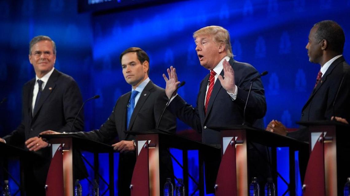 Jeb Bush, Marco Rubio, Donald Trump and Ben Carson, from left, participate in a Republican presidential debate.