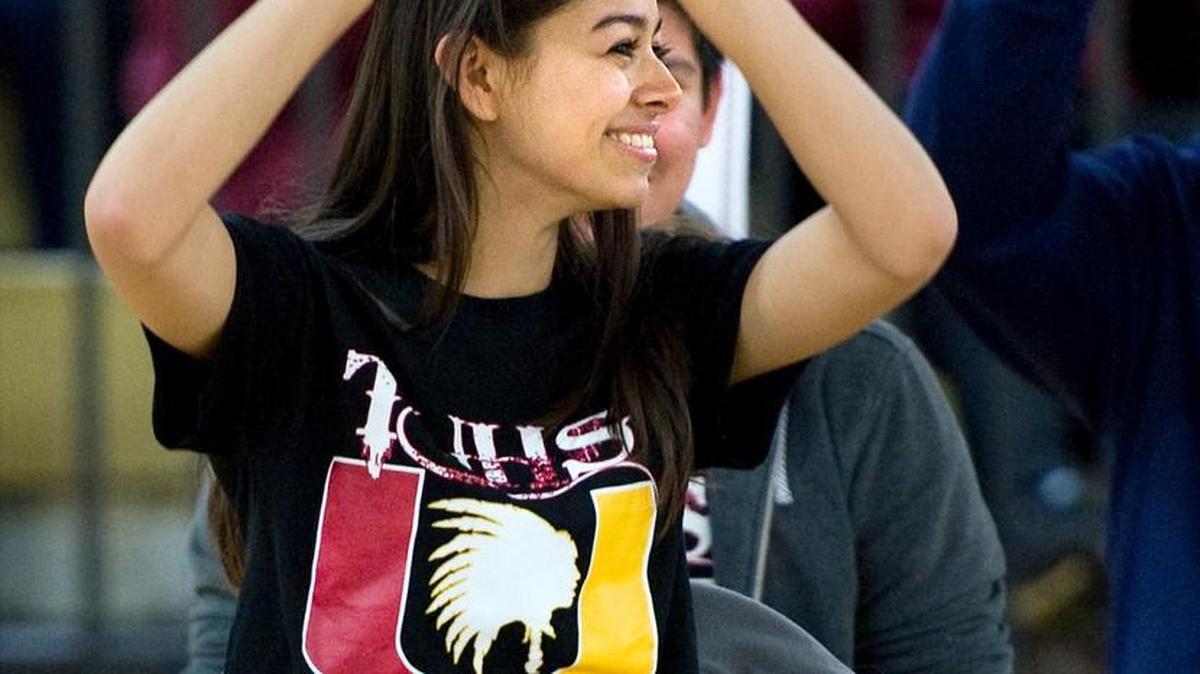 
Tulare Union High School’s Ashley Alcantar wears a mascot T-shirt while answering a quiz question correctly earlier this year. Tulare Union is one of four California schools that will be forced to change mascots after Gov. Jerry Brown signed legislation barring public schools from using the Redskins name for sports teams. 
