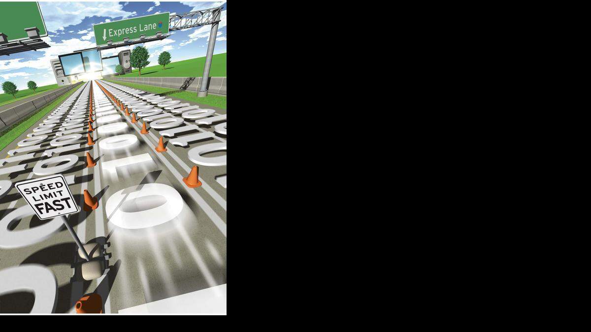 
A color illustration of a highway as a digital "express lane" leading to faster Internet connections. 
