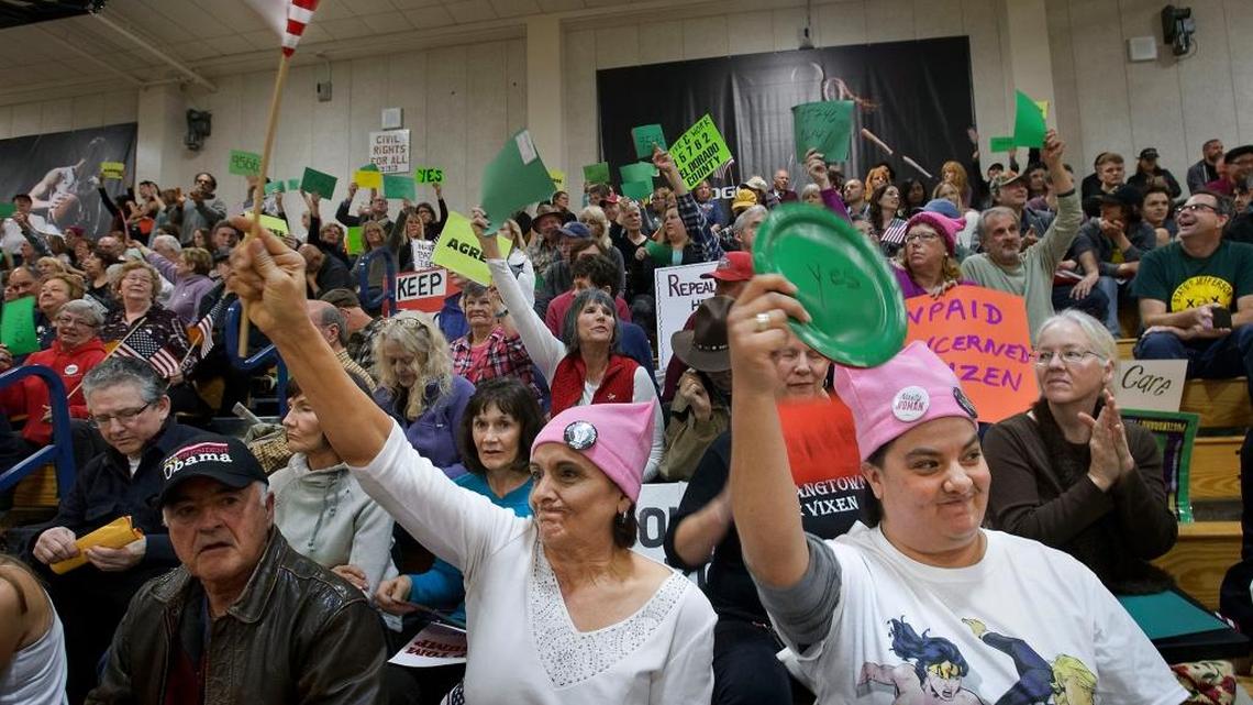 A boisterous crowd attends a town hall Rep. Tom McClintock in El Dorado Hills in March 2017. Three Democrats are trying to unseat McClintock in the 4th Congressional District.