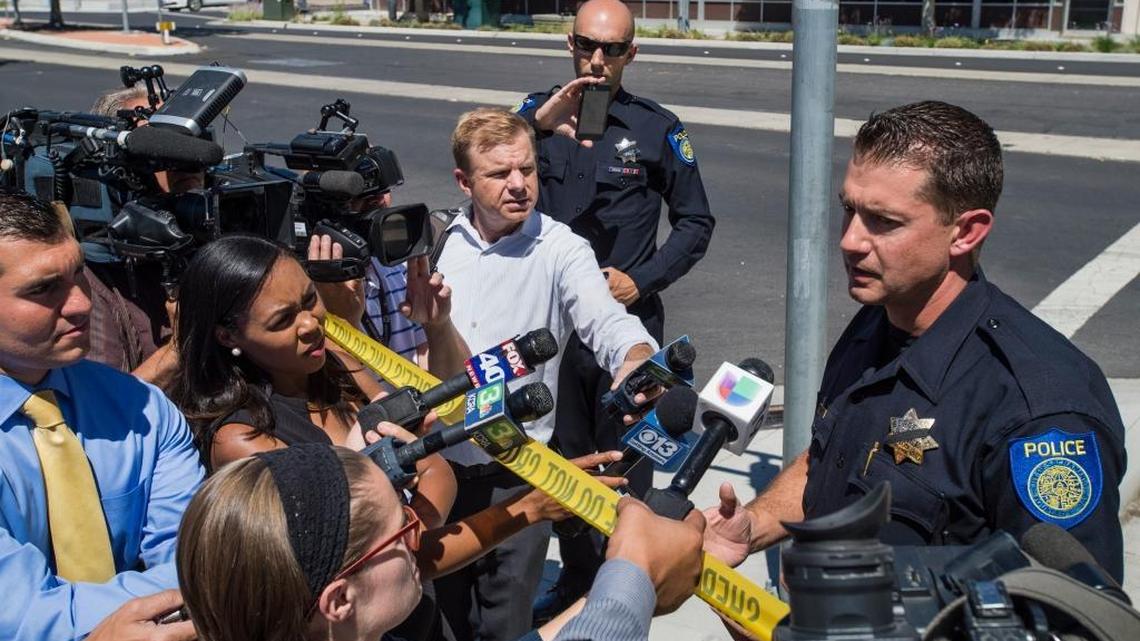 Police Sgt. Bryce Heinlein talks to reporters on July 11, 2016, about the shooting of Joseph Mann in North Sacramento. Mann was armed with knife. Officers say they feared for their lives and were forced to shoot him.