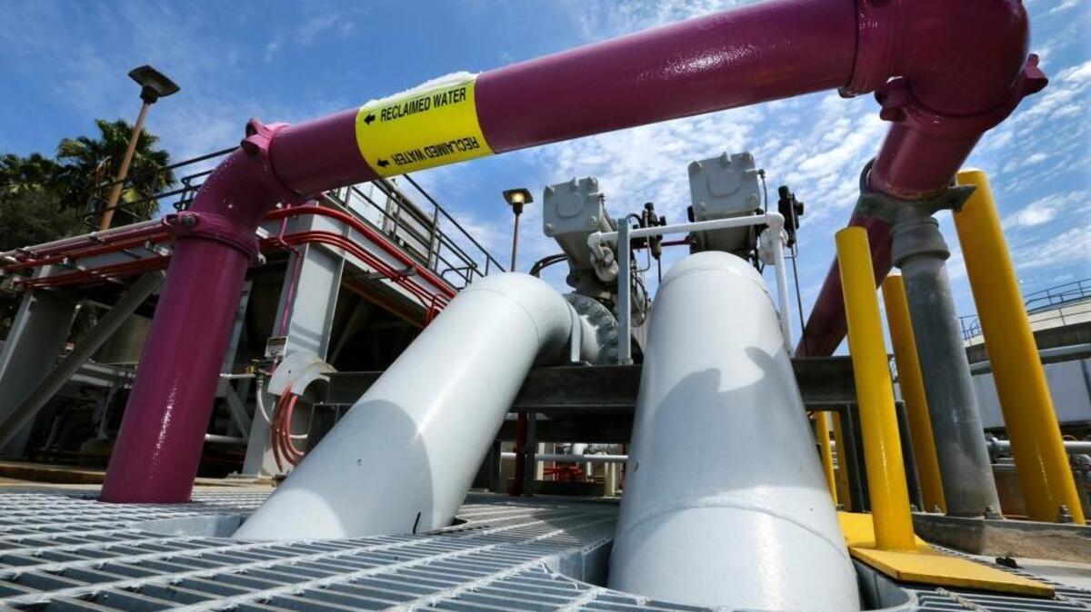 
An Orange County wastewater treatment facility reclaims water from sewage. The Los Angeles Metropolitan Water District is contemplating an even larger water recycling program.
