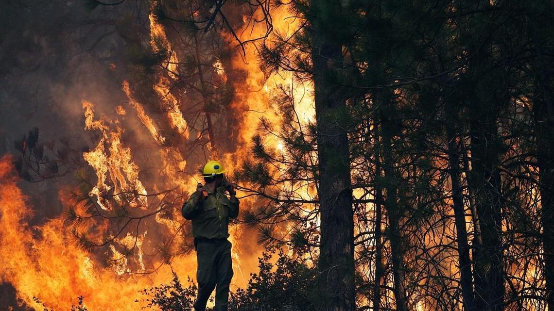 Firefighter A.J. Tevis watched flames of the Rim Fire near Yosemite National Park in 2013. The fire released the carbon dioxide equivalent of what 2.3 million cars spew in a year, a recent report says.